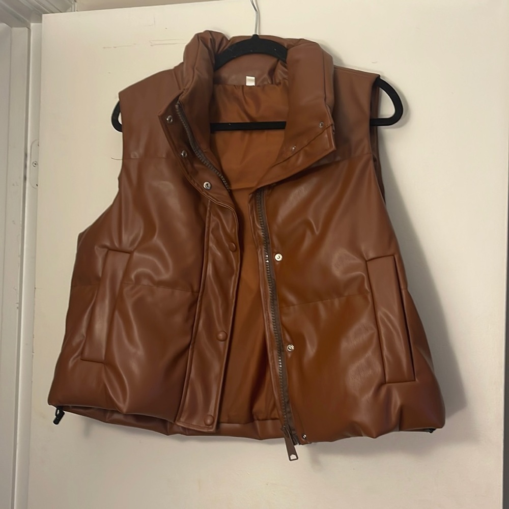 Brown vegan leather puffer jacket